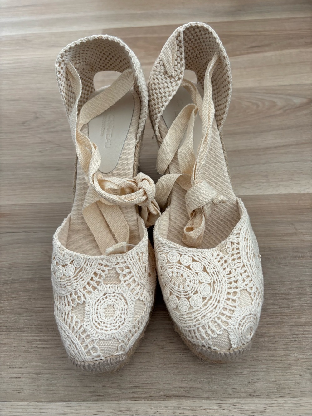 Le Chateau Woven Lace Espadrille Wedge Sandals in Cream